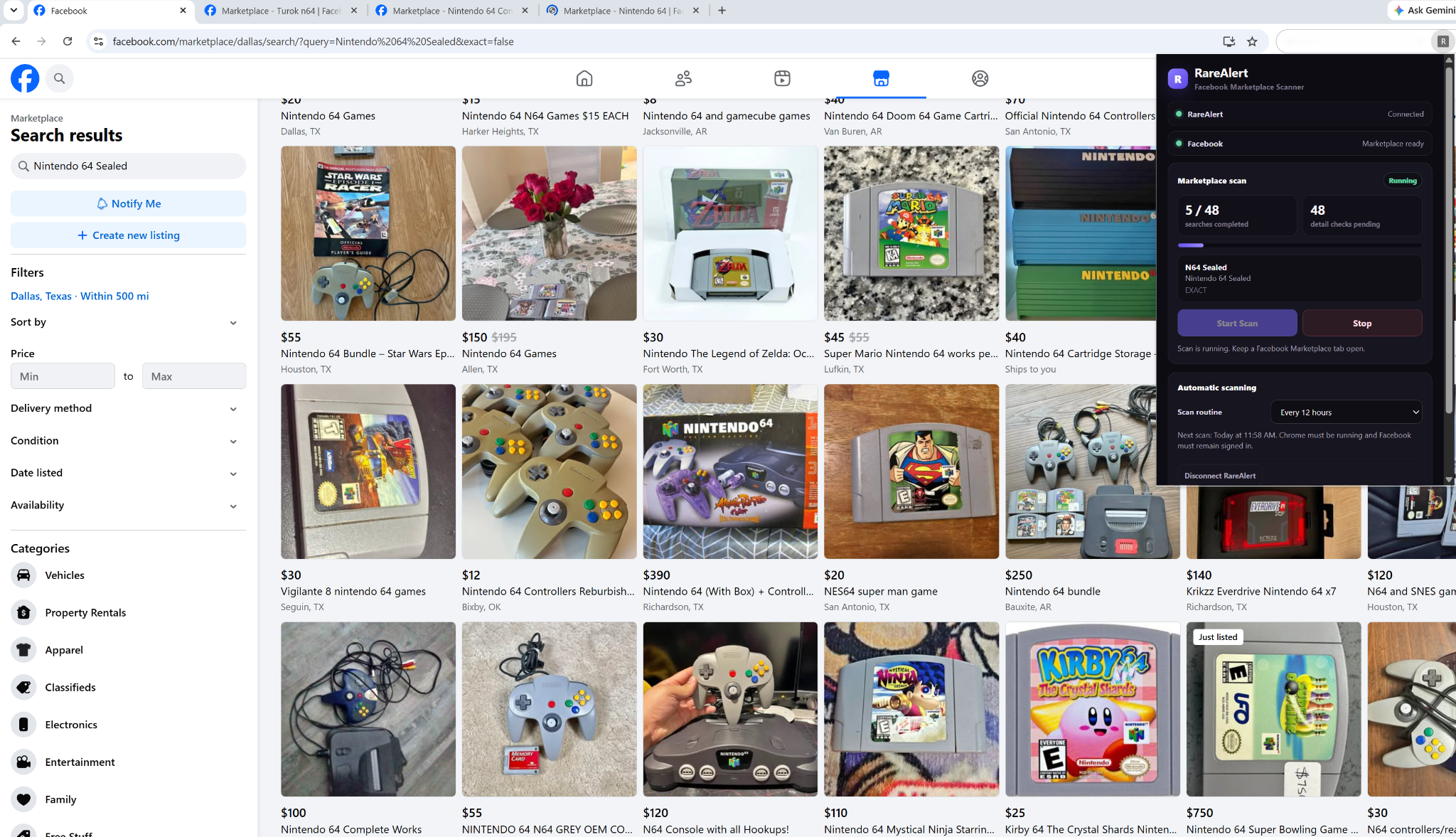 Facebook Marketplace search results beside the RareAlert scanner while a saved search is being processed