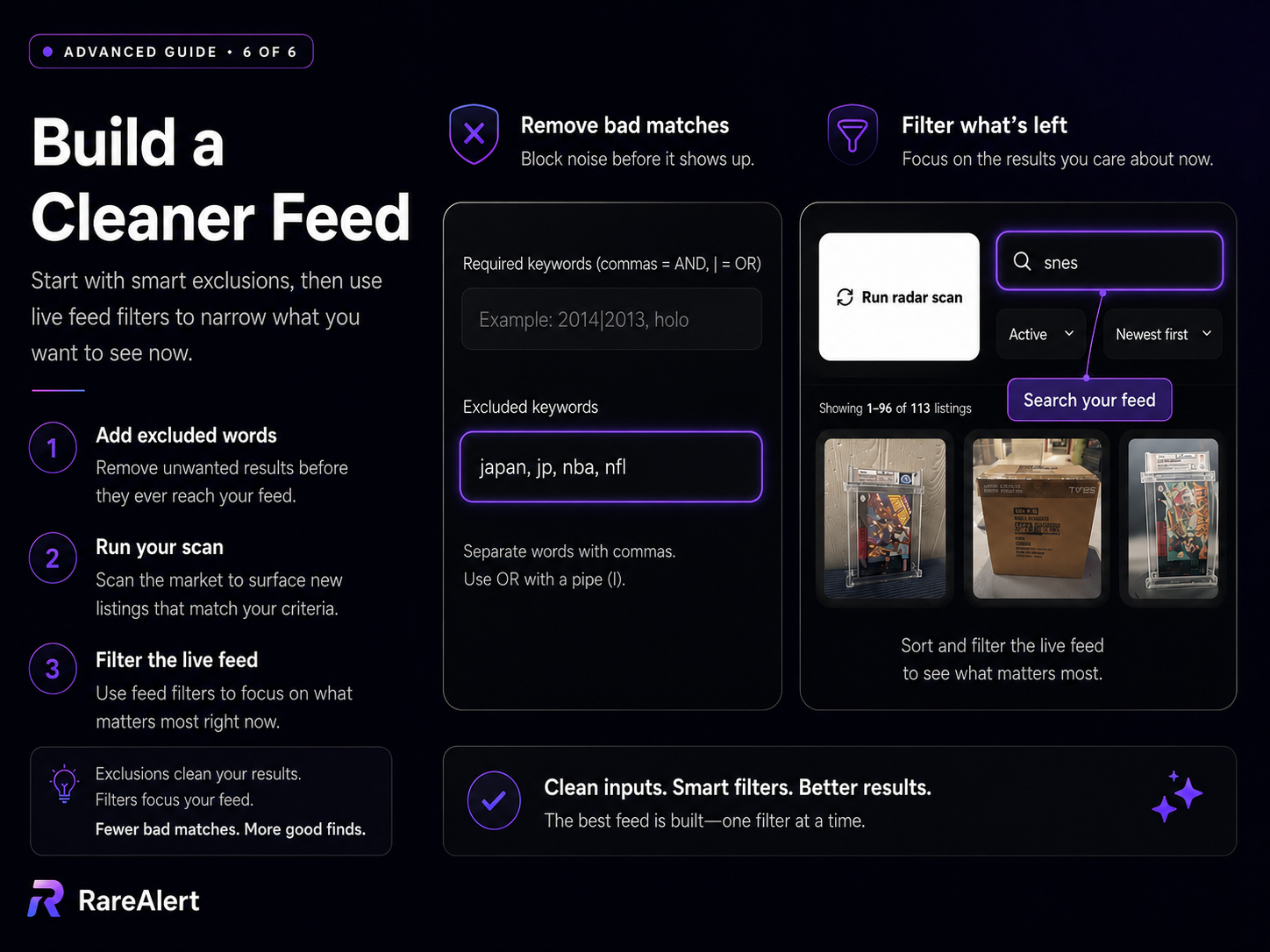 RareAlert guide showing excluded keywords and live feed filtering for cleaner eBay alerts