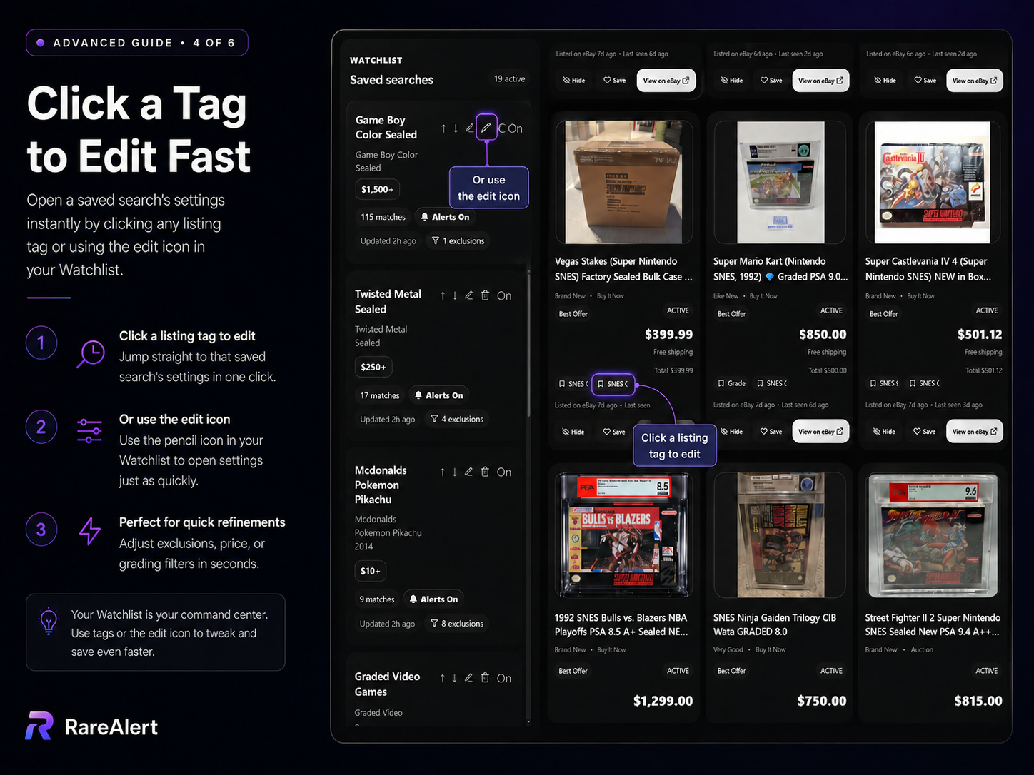RareAlert watchlist and listing tag controls for quickly editing a saved eBay search