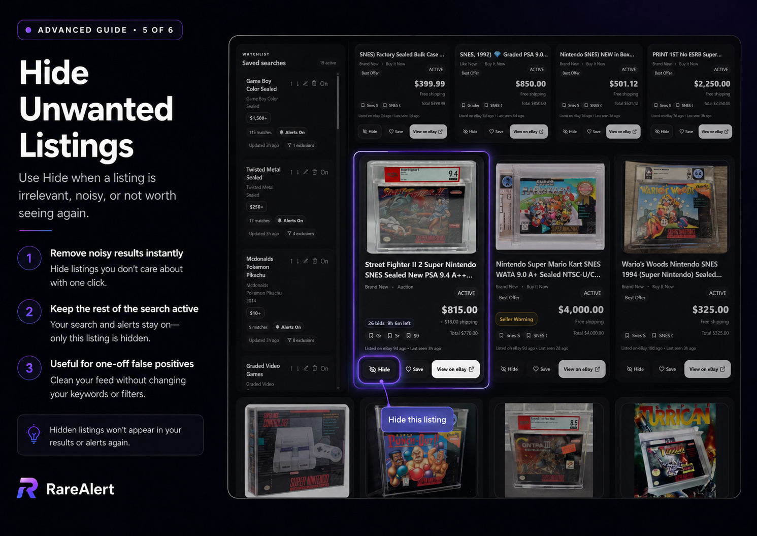 RareAlert collector feed with a listing Hide button highlighted to remove an unwanted match