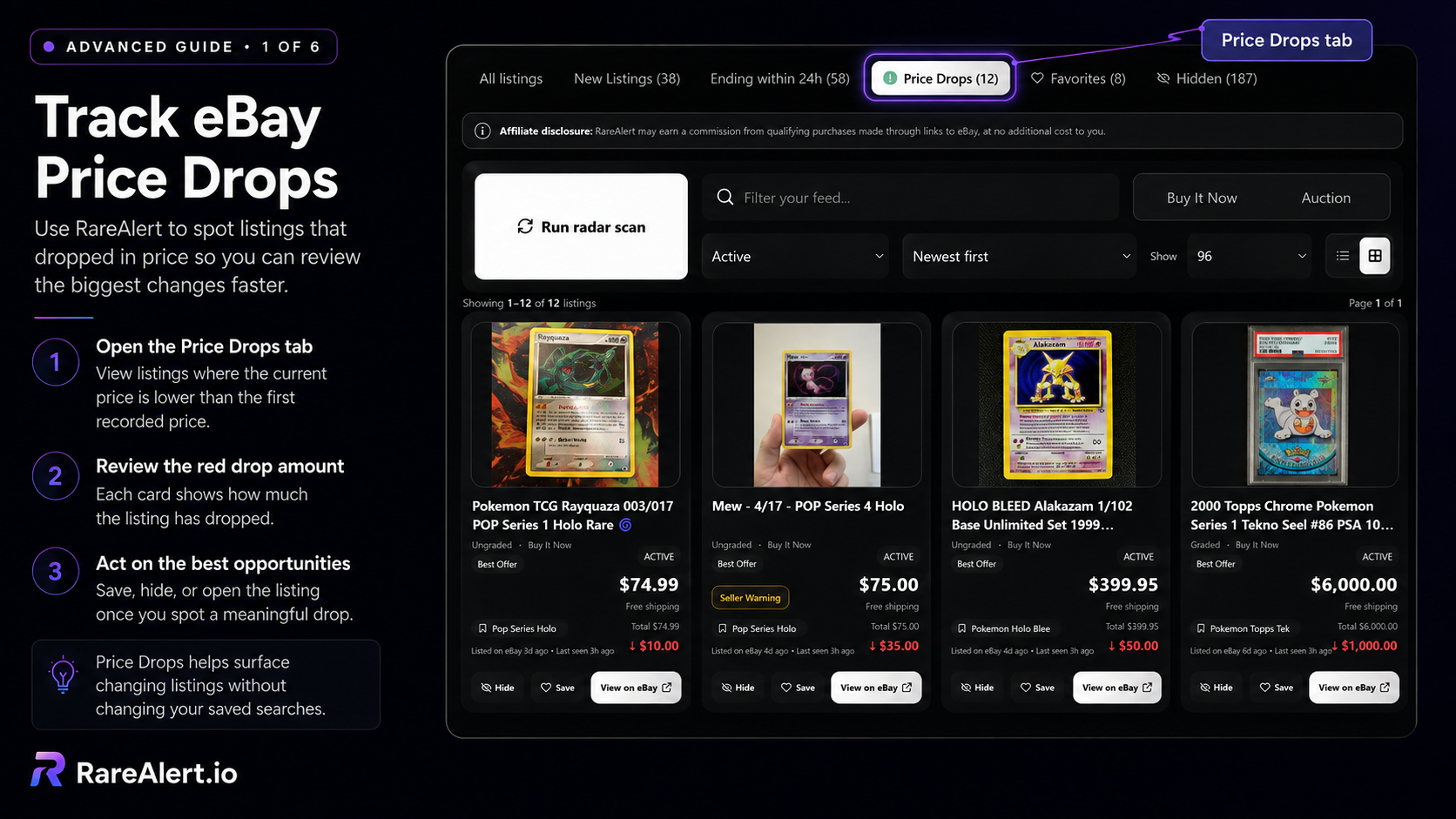 RareAlert Price Drops tab showing collector listings and red price-drop amounts
