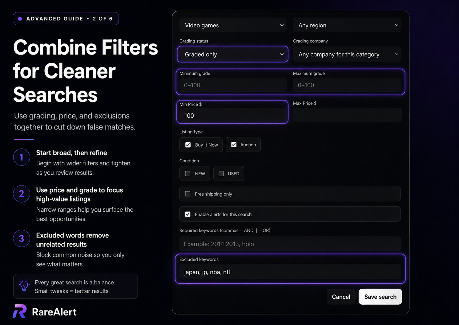 RareAlert advanced search showing grading, price, and excluded keyword filters used together