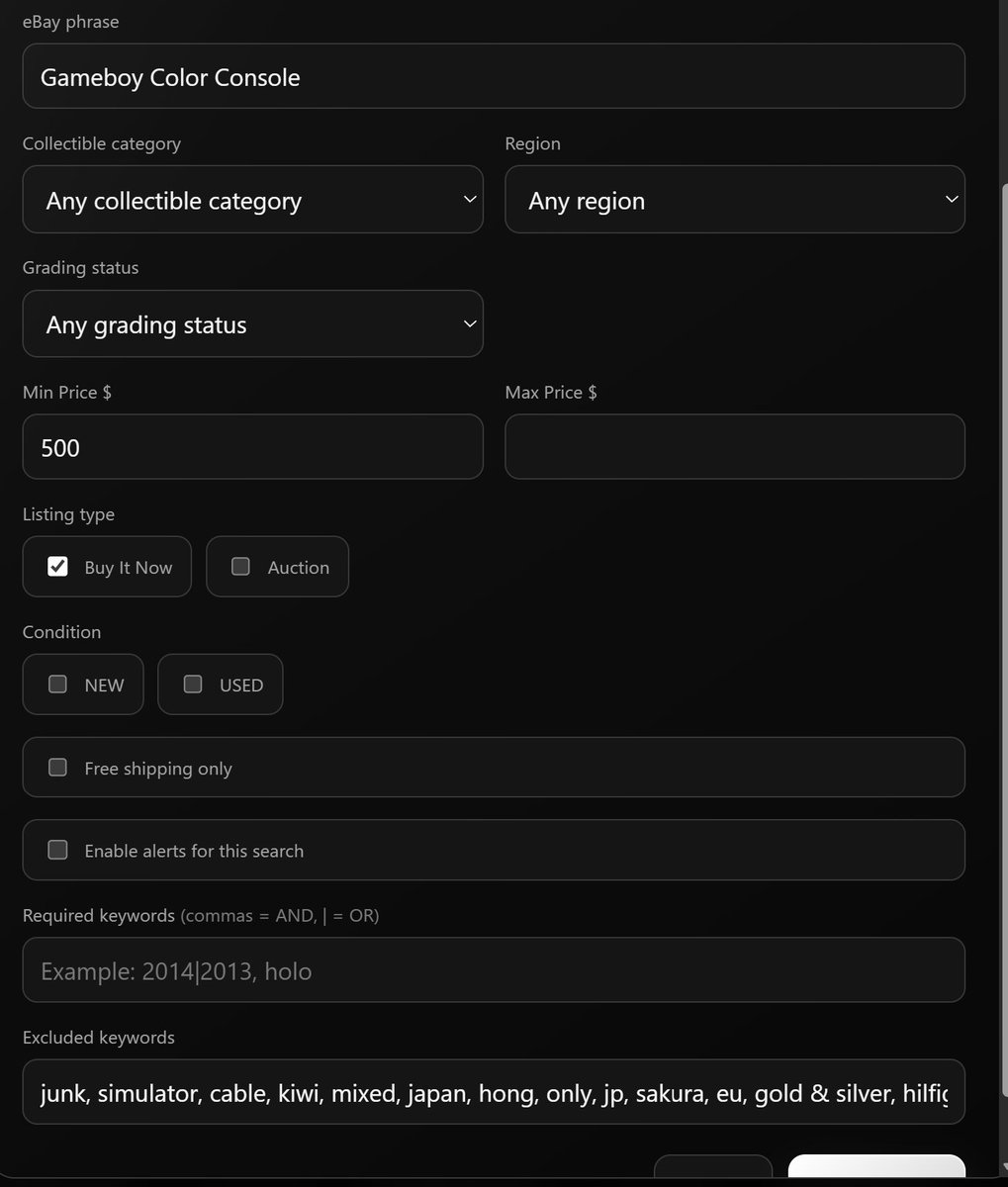 RareAlert advanced eBay search configuration with price, listing type, condition, and keyword exclusions